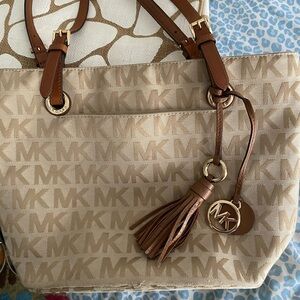 Michael Kors Tan MK Logo Tote with Brown Accents
